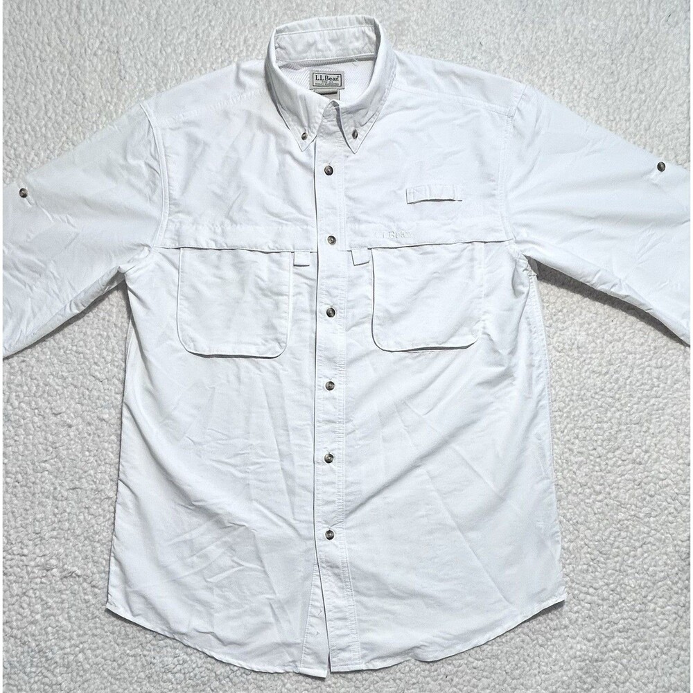 L.L. Bean Men's S Kennebunk Fishing Shirt White Long Sleeve Roll Tab 192202
